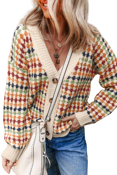 Multicolour Dotty Pattern Button Front V Neck Knit Cardigan