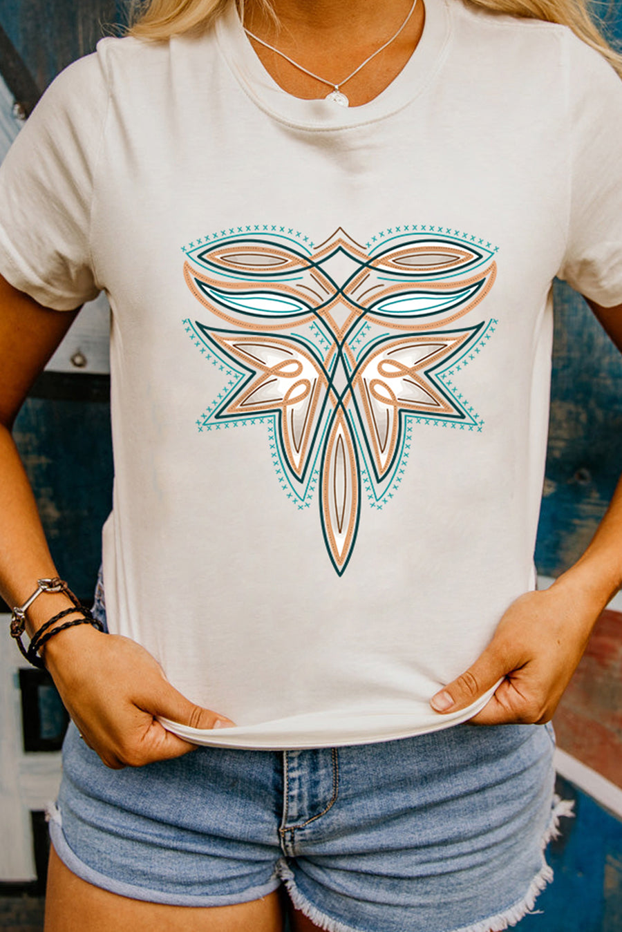 White Boot Stitch Pattern Heat Transfer Printing Cotton Blend Tee