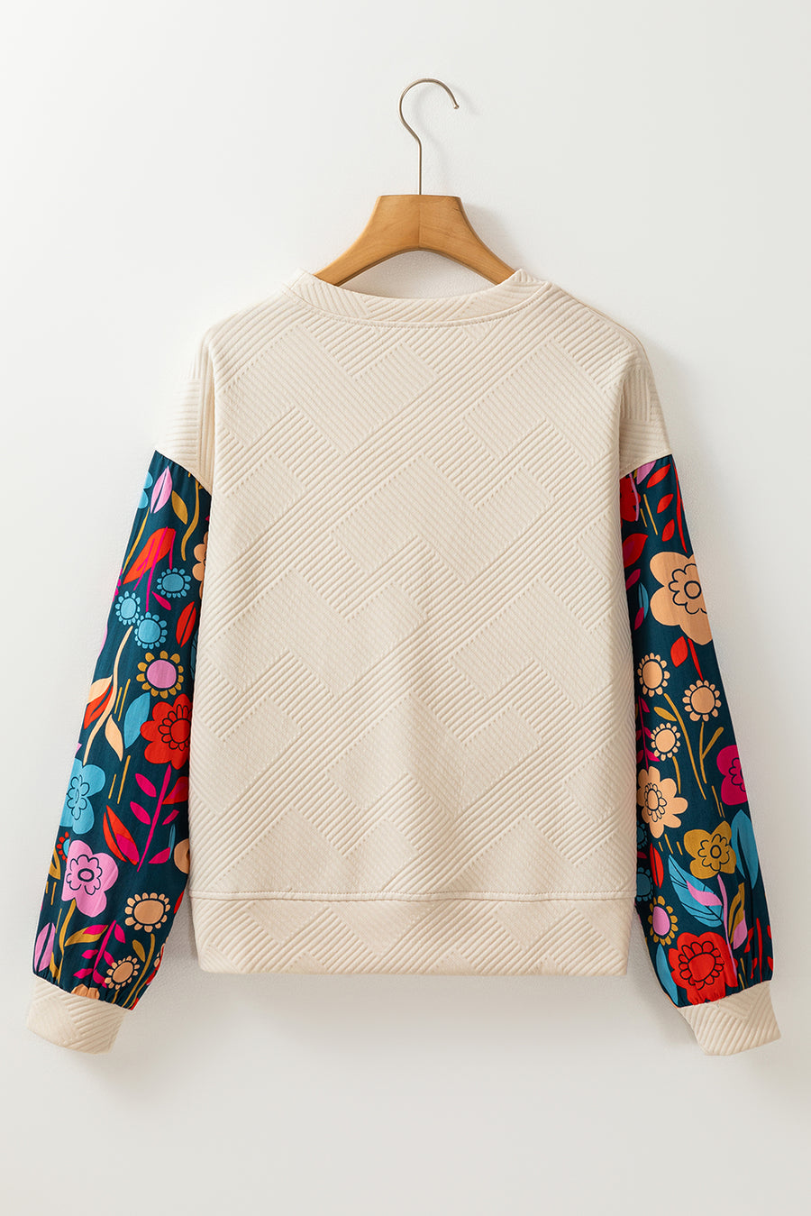 Floral Patchwork Sleeve Textured Sweatshirt