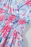 Blue and Pink Floral Spaghetti Strap Surplice Neck Shirred Waist Mini Dress