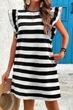 Black and White Striped Flutter Sleeve Crew Neck Shift Mini Dress with Pockets