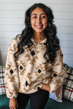 Khaki Geometric Print Sherpa Quarter Zip Collar Sweatshirt