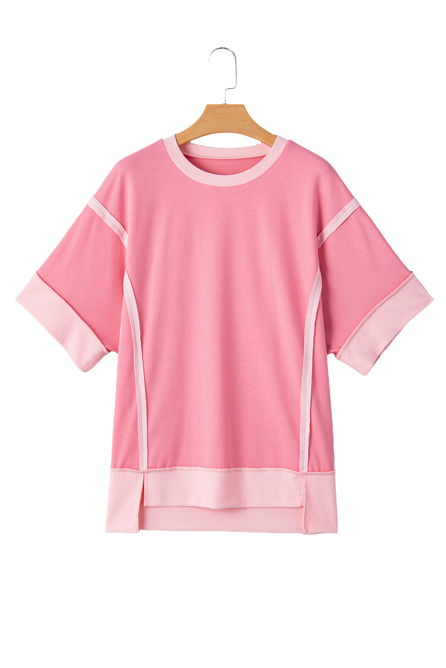 Peach Exposed Seam High-Low Side Slit Short Sleeve T-Shirt