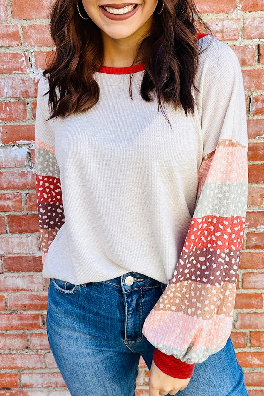Mulitcolored Leopard Color Block Loose Fit Thermal Long Sleeve Shirt