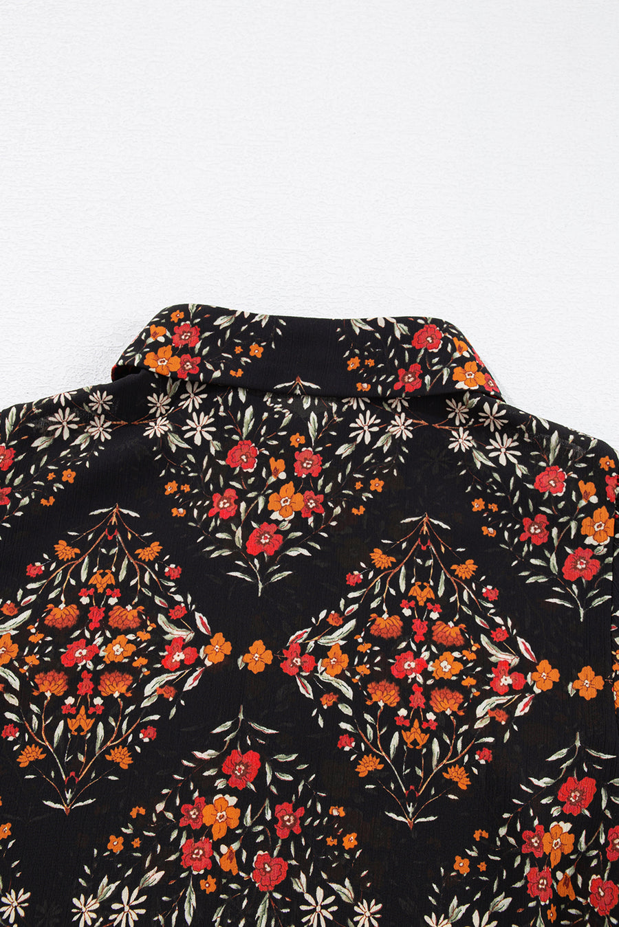 Black Floral Collared Button-Up Lantern Sleeve Blouse