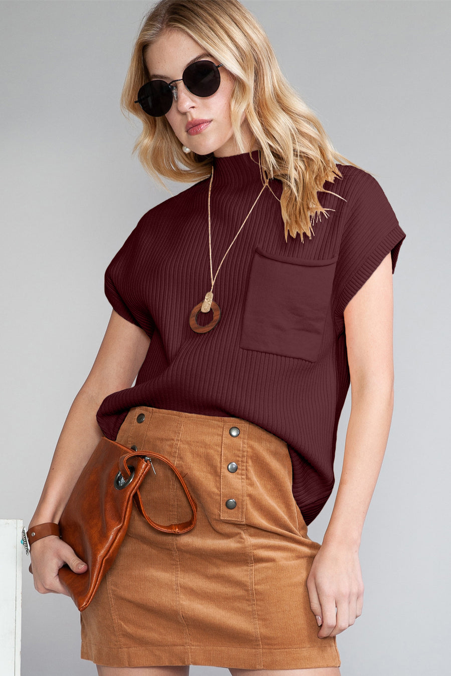 Green Pocket Ribbed Knit Short Sleeve Sweater- 9 Colors