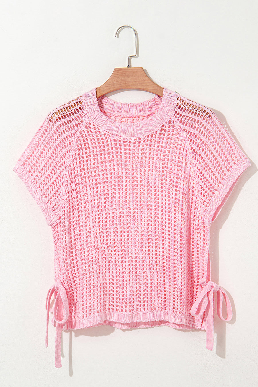 Side Tie Crochet Knit Short Sleeve Sweater- 2 Colors