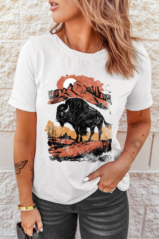 White Western Buffalo On Plains Heat Transfer Printing Graphic Crew Neck Tee