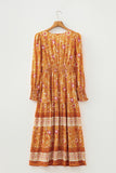 Orange Bohemian Floral Print Smocked Waist Long Sleeve Maxi Dress