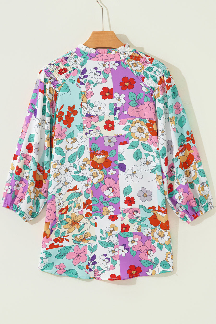 Multicolored Floral Frilly Neckline Long Sleeve Button-Up Blouse