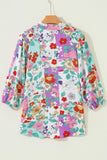 Multicolored Floral Frilly Neckline Long Sleeve Button-Up Blouse
