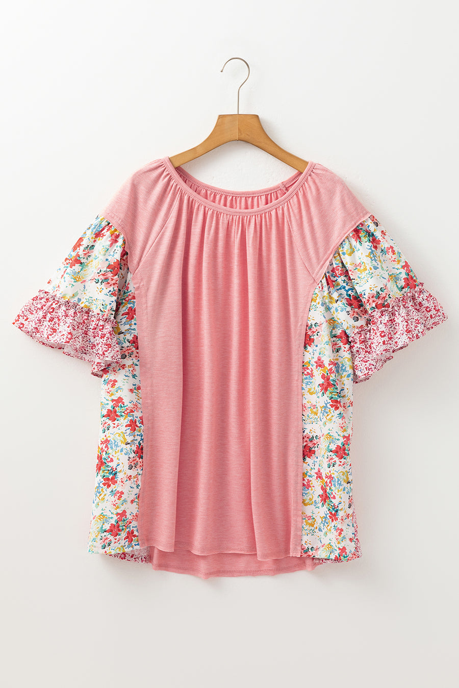 Pink Plus Size Floral Patchwork Ruffle Short Sleeve Blouse