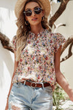 Multicolored Floral Frilled Neck Ruffled Short Sleeve Button-Up Blouse