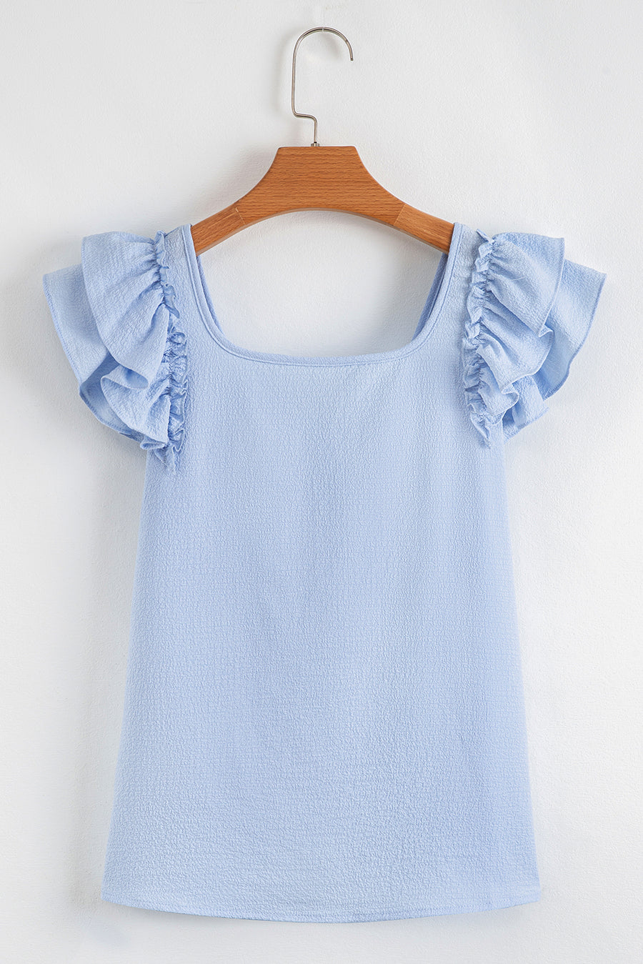 Textured Bow Frilled Ruffle Sleeve Blouse- Light Blue