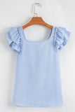 Textured Bow Frilled Ruffle Sleeve Blouse- Light Blue