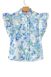 Floral Ruffle Sleeve Frilly Button-Up Blouse- 2 Colors