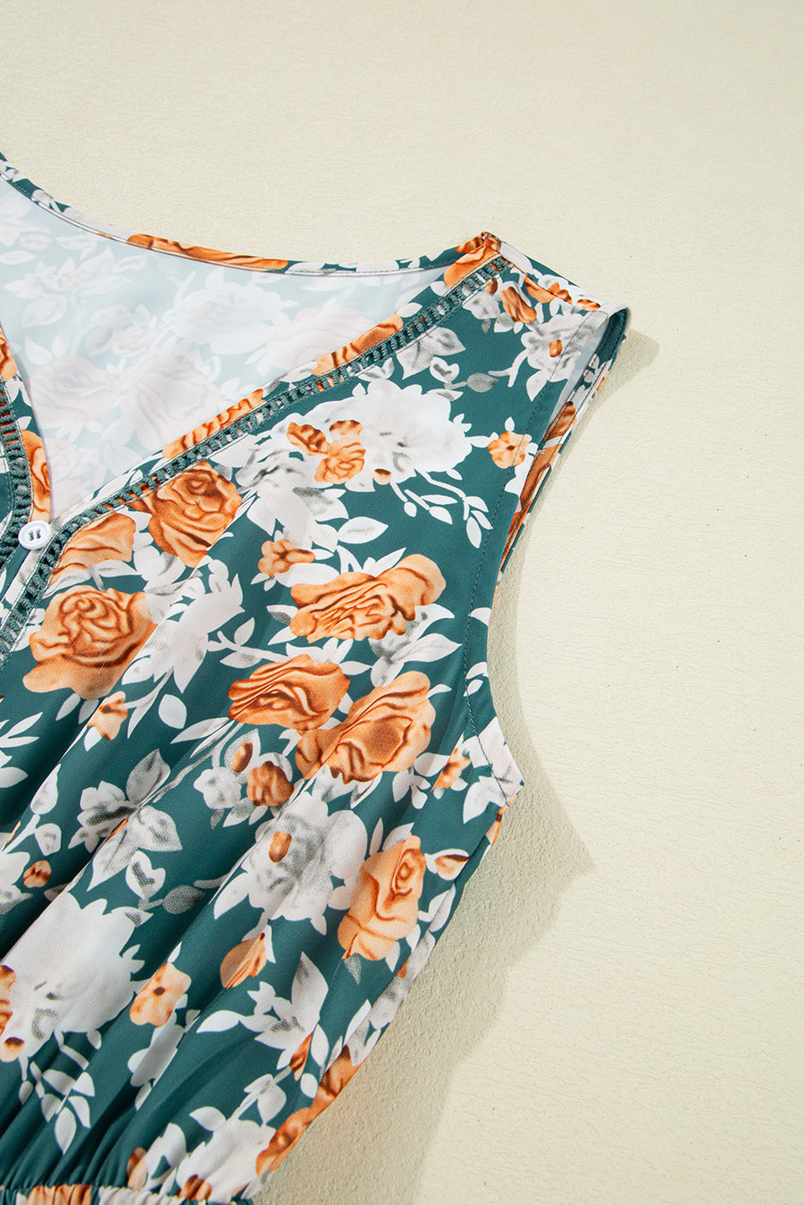 Green and Orange Floral Print V-Neck Sleeveless Midi Dress