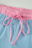 Yellow Cream Soft Ribbed Color Block Trim Casual Short Set