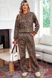 Leopard Print & Embroidered Bow Long Sleeve Top and Pants Set