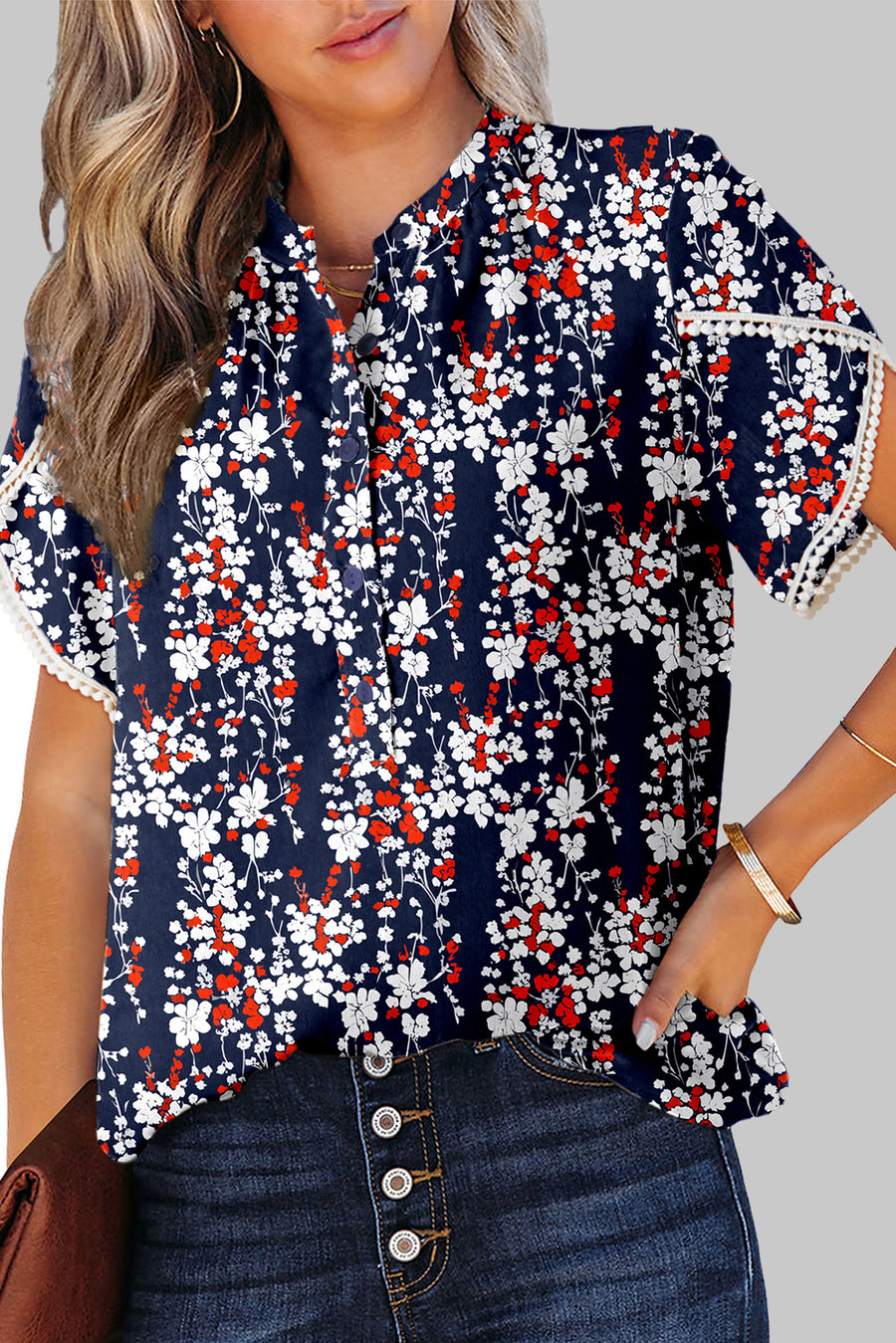 Navy Floral Print Button-Up Lace Trim Petal Sleeve Blouse