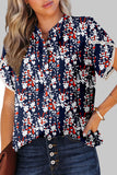 Navy Floral Print Button-Up Lace Trim Petal Sleeve Blouse