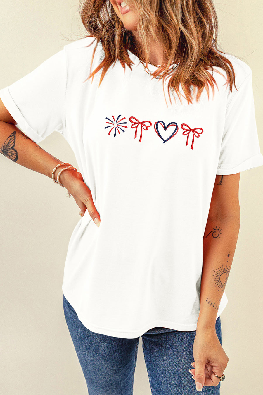 White Fireworks, Bows & Heart Embroidered T-Shirt