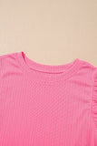 Bright Pink Textured Ruffle Trim Crop Top and Drawstring Skirt Set