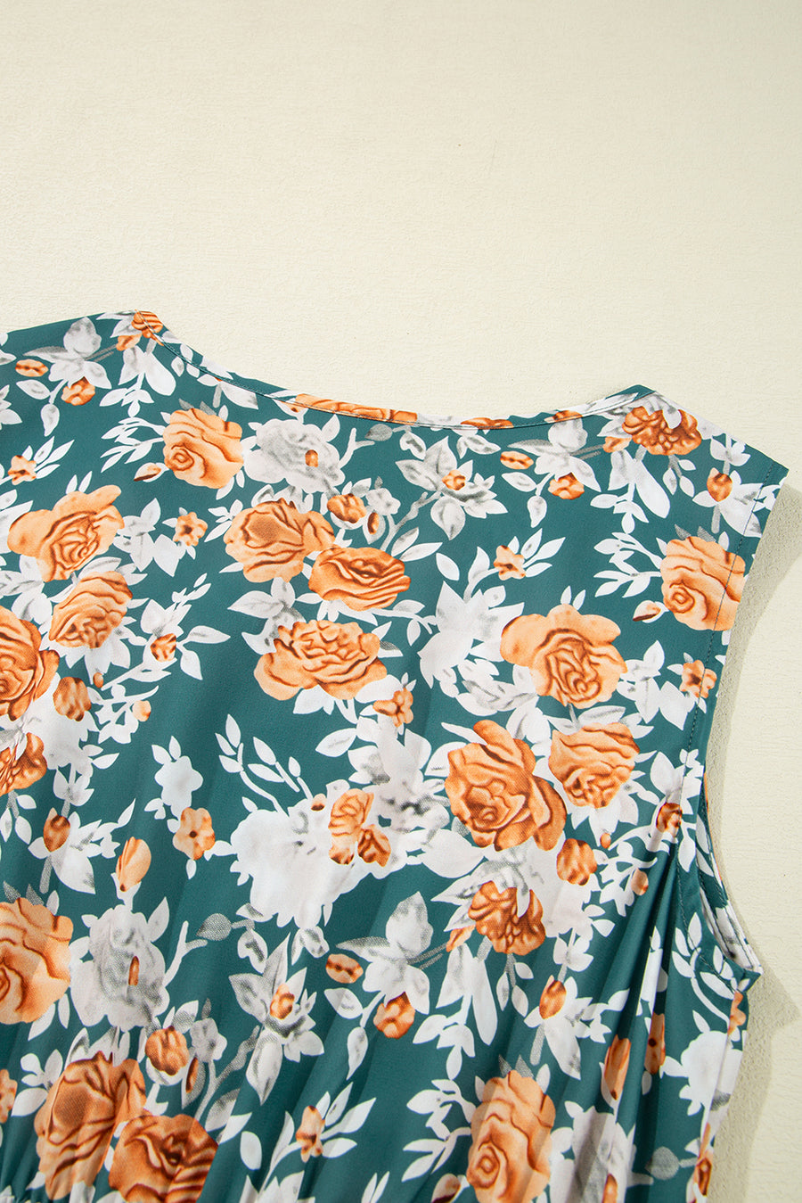 Green and Orange Floral Print V-Neck Sleeveless Midi Dress