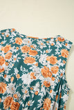 Green and Orange Floral Print V-Neck Sleeveless Midi Dress