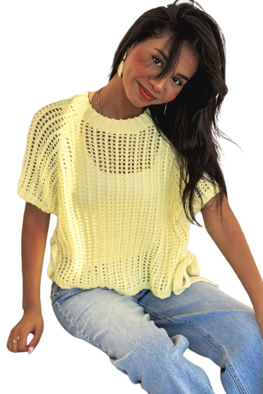 Side Tie Crochet Knit Short Sleeve Sweater- 2 Colors