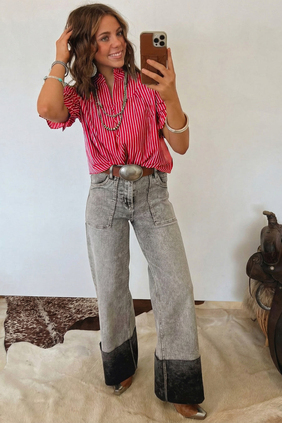 Striped Frill Neck Ruffled Short Puff Sleeve Button-Up Blouse- 2 Colors