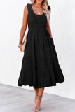 Green Shirred Pleated Square Neck Sleeveless Midi Dress
