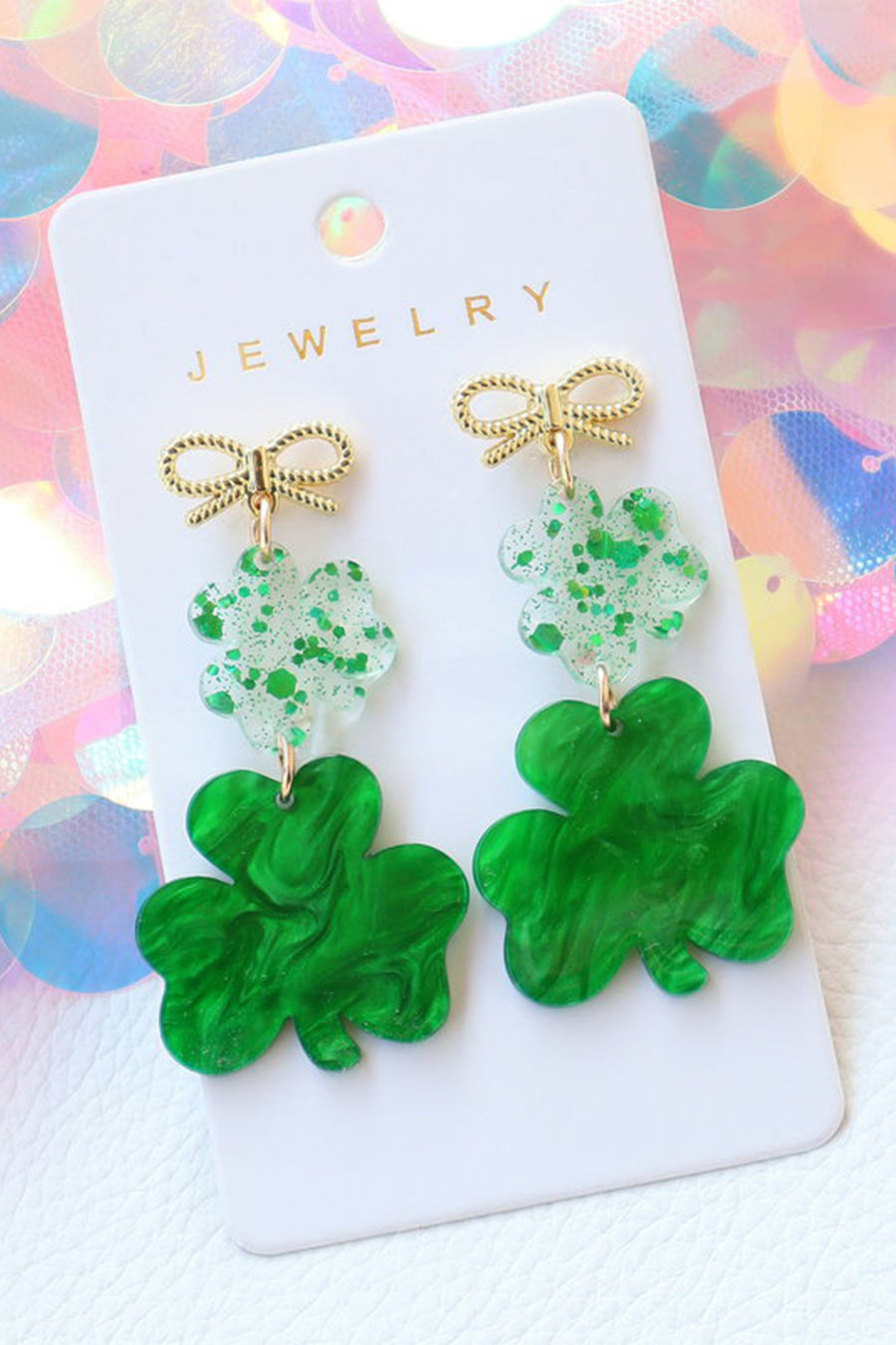 Green Double Clover & Bow Drop Post Earrings