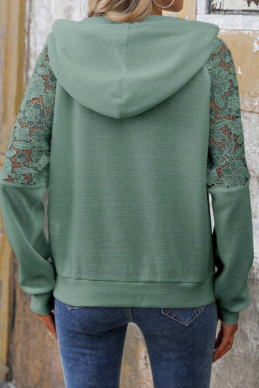 Lace Patchwork Raglan Sleeve Waffle Knit Hoodie with Pockets- 2 Colors