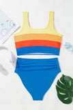 Color Block Pleated High-Waisted Tankini