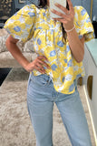 Short Bubble Sleeve Summer Floral Blouse A
