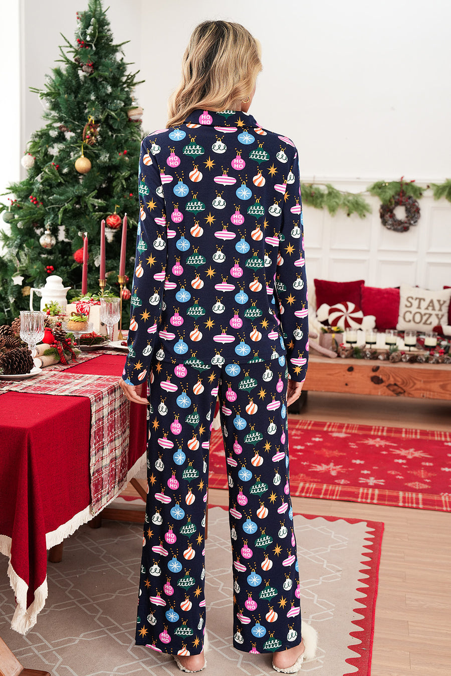 Navy Blue Colorful Christmas Lights Print Long Sleeve Pajama Set