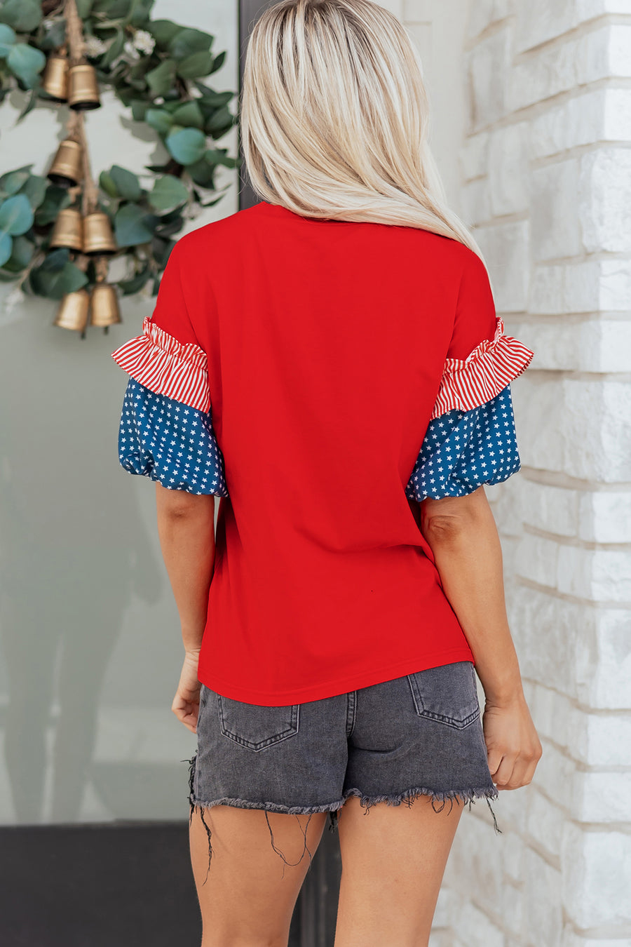 Red American Sequin Star Patches Contrast Puff Sleeve Top