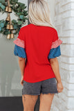 Red American Sequin Star Patches Contrast Puff Sleeve Top