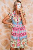 Multicolored Bohemian Floral Collared Ruffle Sleeve Button-Up Mini Dress