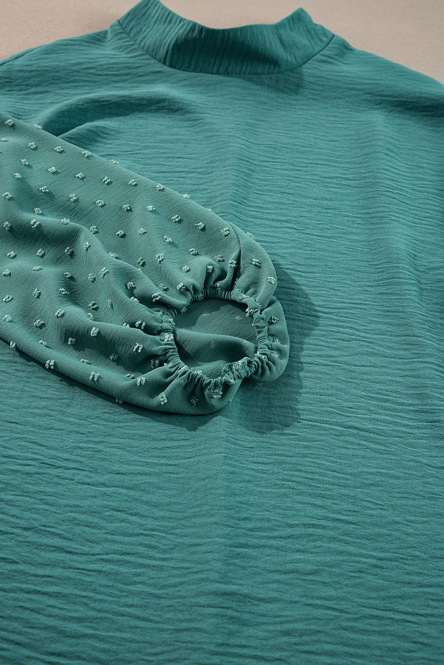 Spearmint Swiss Dot Mock Neck Balloon Sleeve Blouse