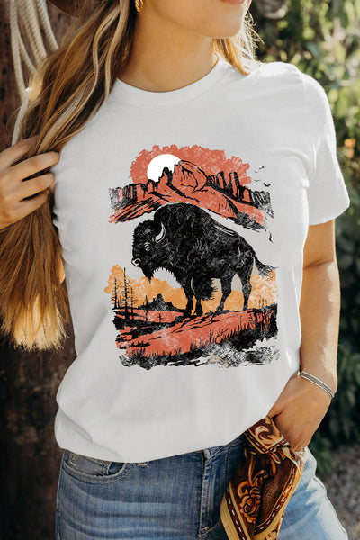 White Western Buffalo On Plains Heat Transfer Printing Graphic Crew Neck Tee