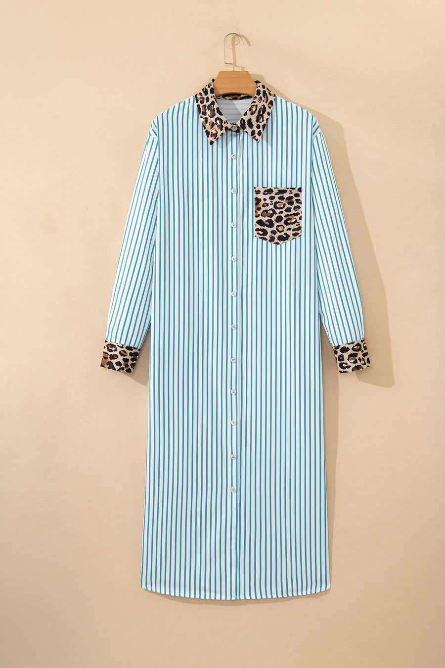 Striped Contrast Trim Leopard Patchwork Long Sleeve Midi Shirt Dress- 2 Colors