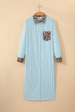 Striped Contrast Trim Leopard Patchwork Long Sleeve Midi Shirt Dress- 2 Colors