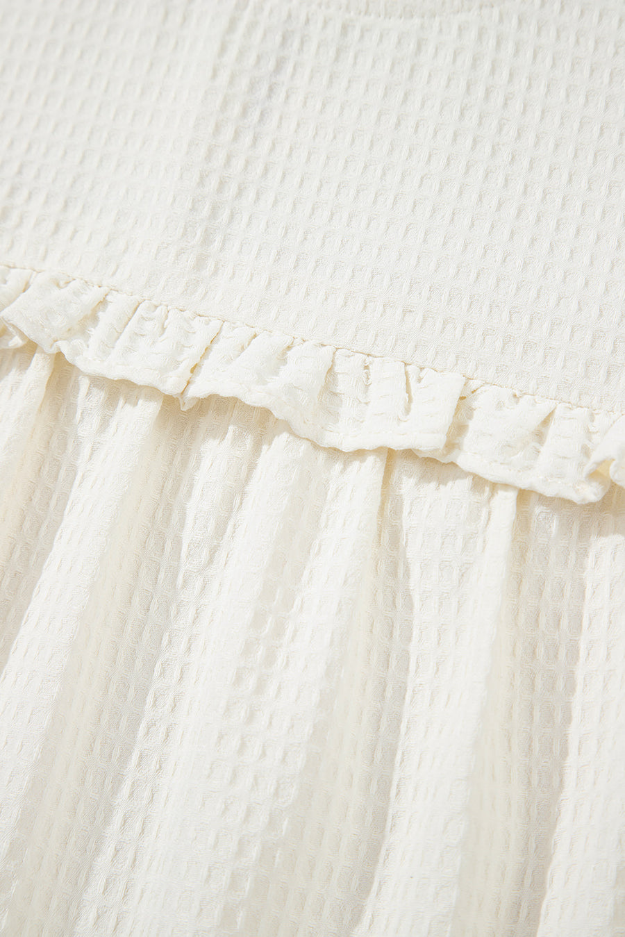 White Ruffle Trim Waffle Textured Short Sleeve Blouse