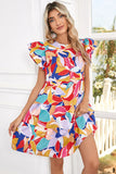 Abstract Print Flutter Sleeve Tiered Mini Dress
