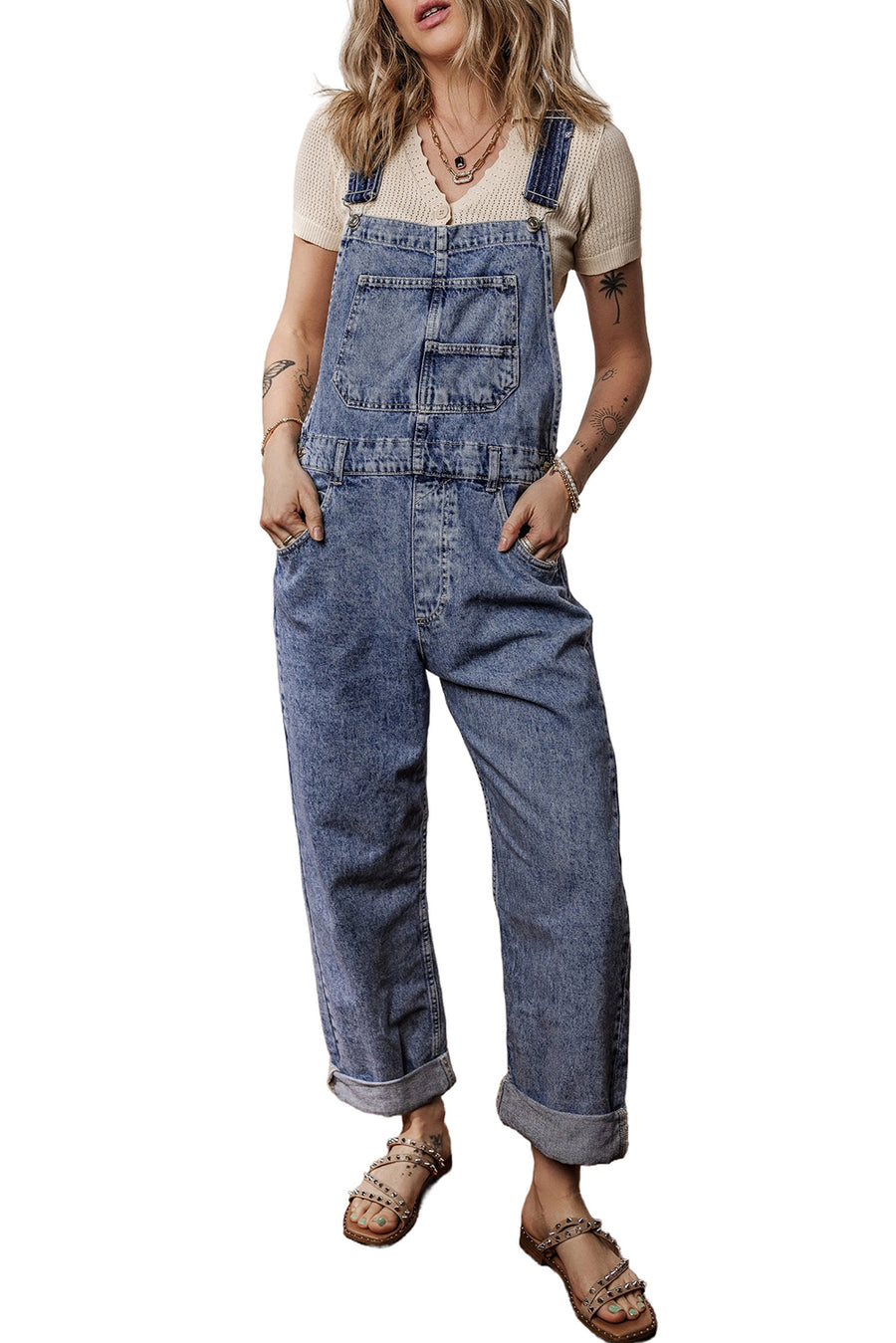 Mineral Wash Blue Straight Leg Denim Overalls