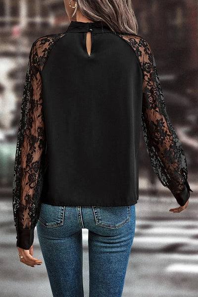 Black Keyhole Lace Splicing Raglan Sleeve Blouse