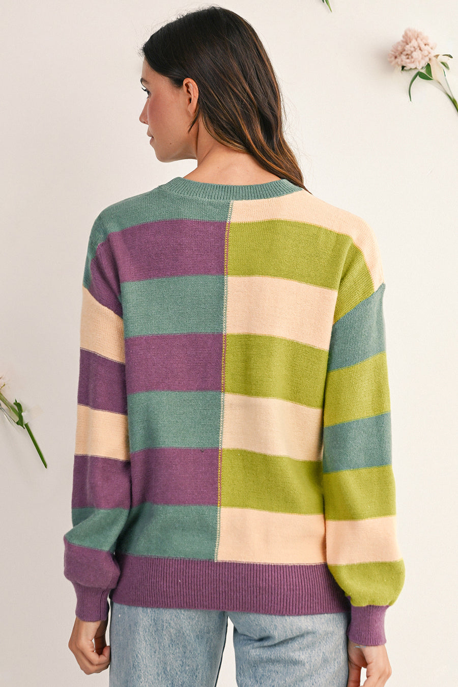 Striped Color Block Drop Shoulder Front Seam Sweater