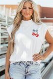 White Mock Neck Short Sleeve American Print Cherries Graphic T-Shirt